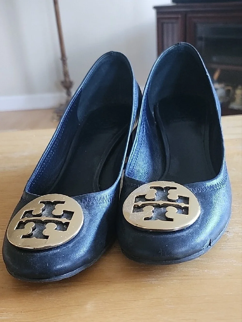 Tory Burch Black Leather Block Heel Pumps with Gold Medallion
